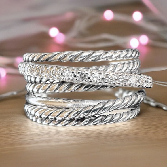 David Yurman Crossover® Smooth & Cabled Band Diamond Ring Sterling Silver - Picture 1 of 9